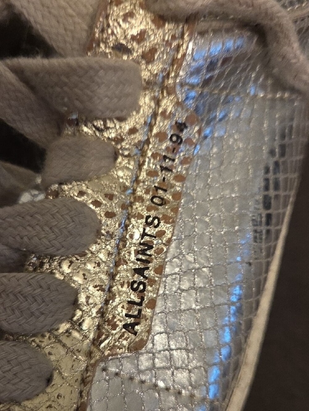 All Saints Metallic Silver and Gold Snake-Embossed Lace-Up Sneakers - Picture 6 of 8